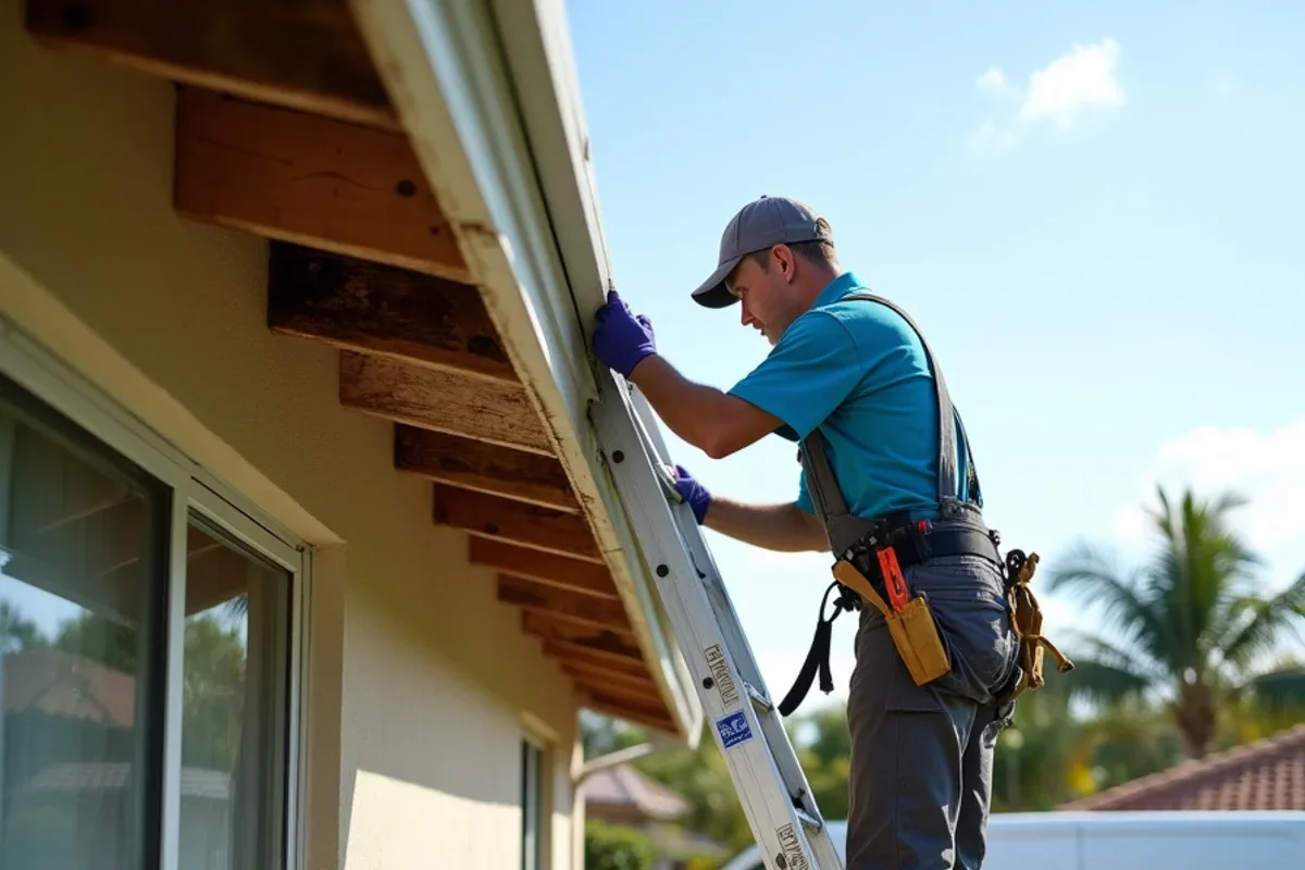 Crew removing sagging water-stained plywood soffit ahead of aluminum soffit replacement