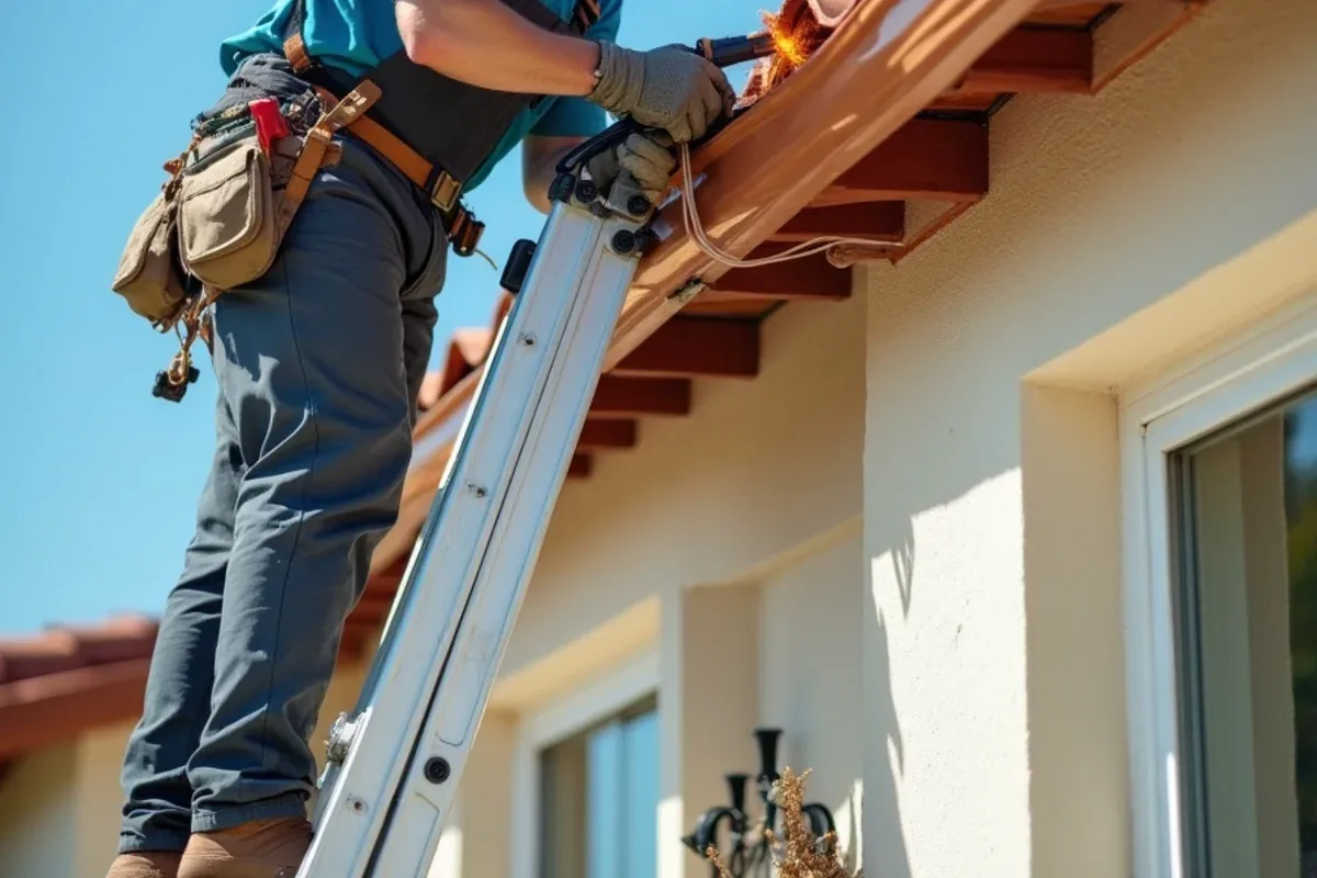 Installer soldering a copper half-round gutter corner below a clay barrel tile roof
