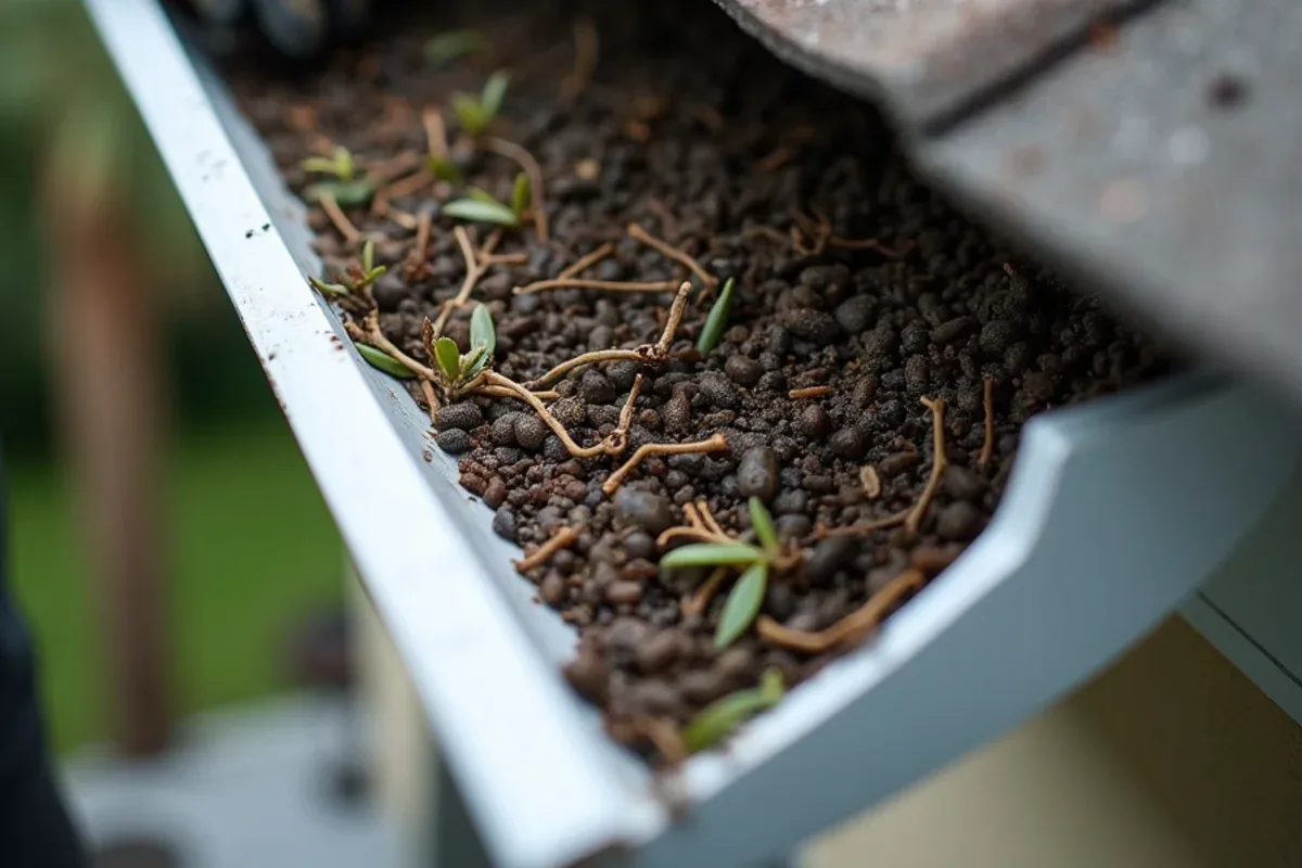 Compacted mat of tiny black olive leaves and twigs filling a white aluminum gutter
