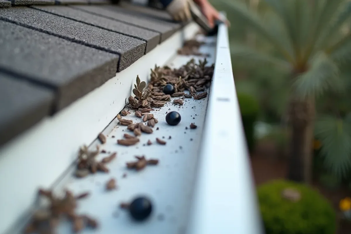 Stainless micro-mesh gutter guard holding dry black olive leaves on top of the mesh