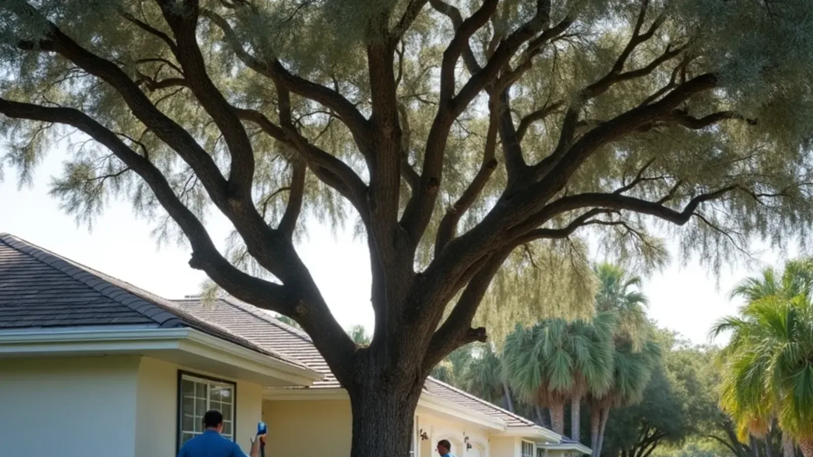 Large black olive tree canopy spreading over a single-story Broward home and its gutters