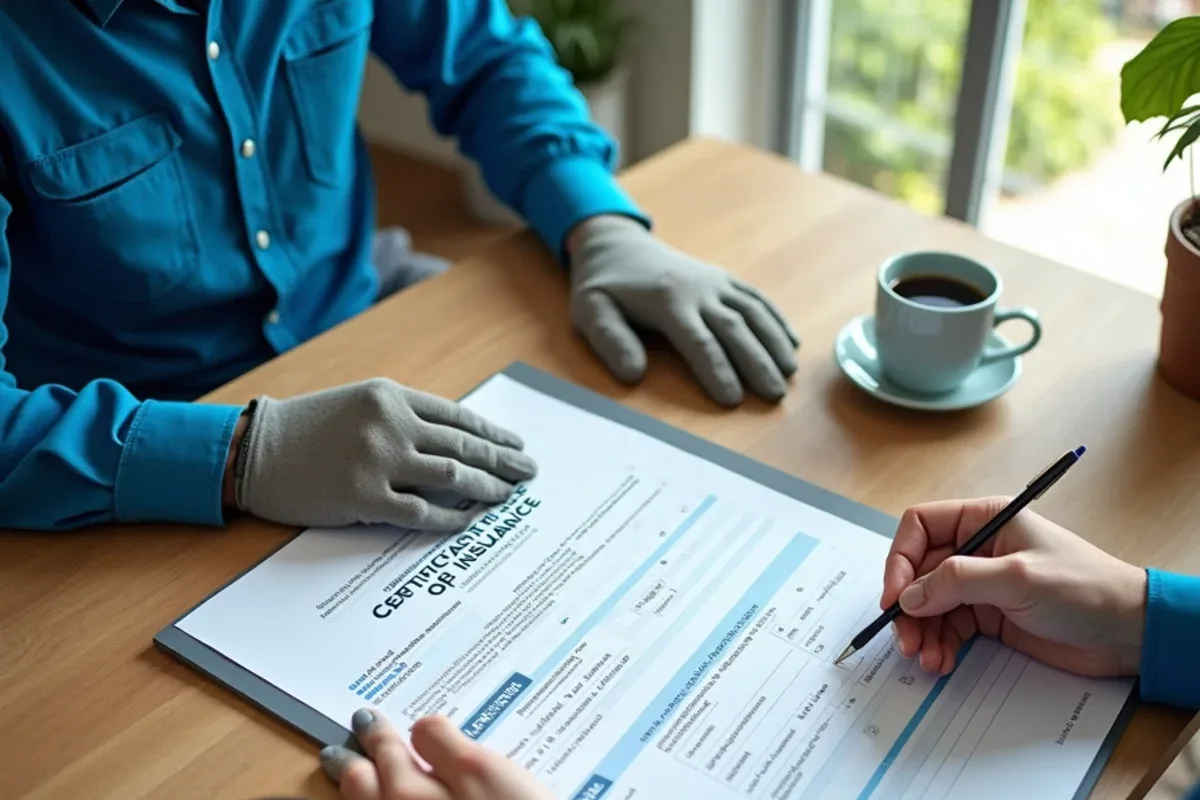 Homeowner's hands reviewing a contractor certificate of insurance at a kitchen table