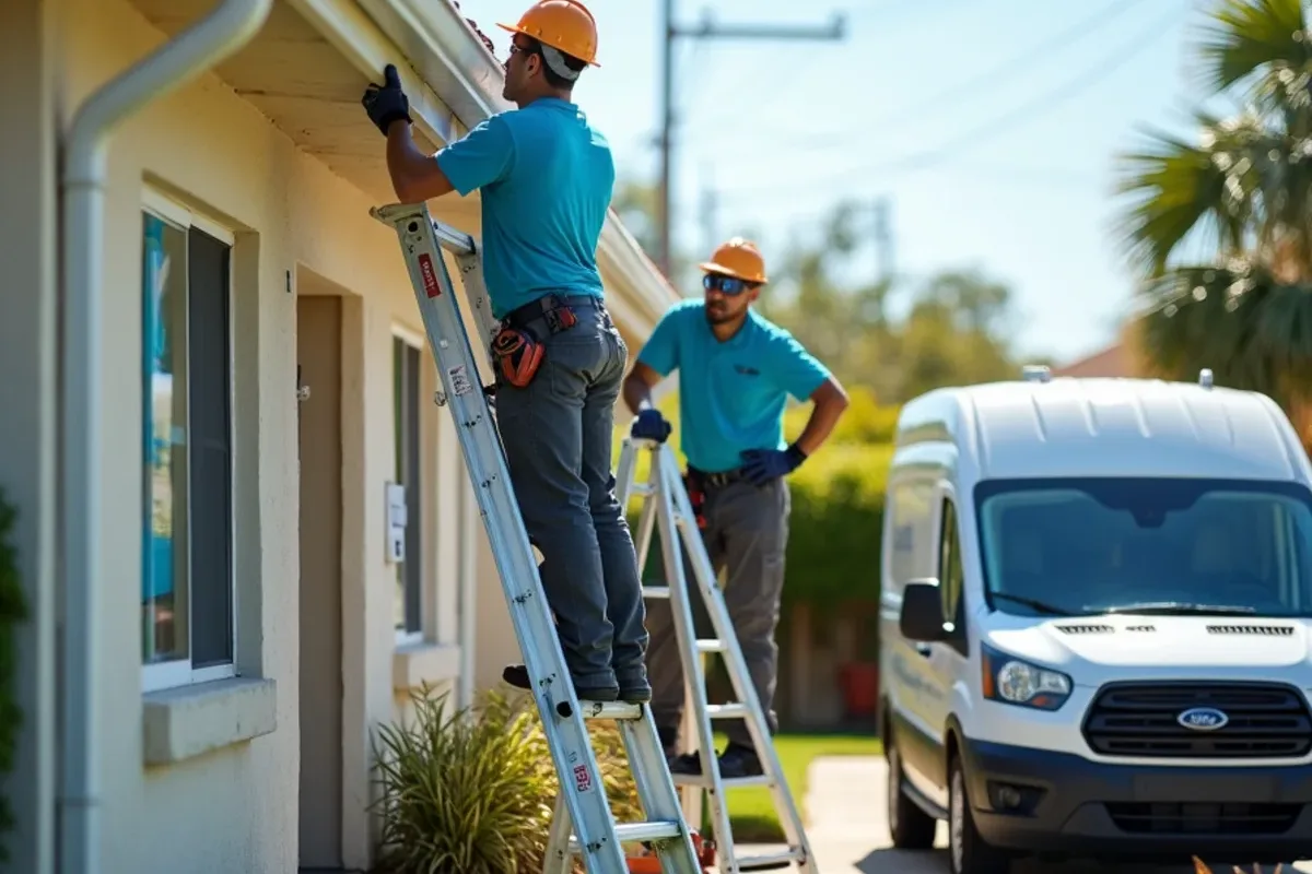 Installation crew on two standoff ladders lifting a seamless gutter run into place