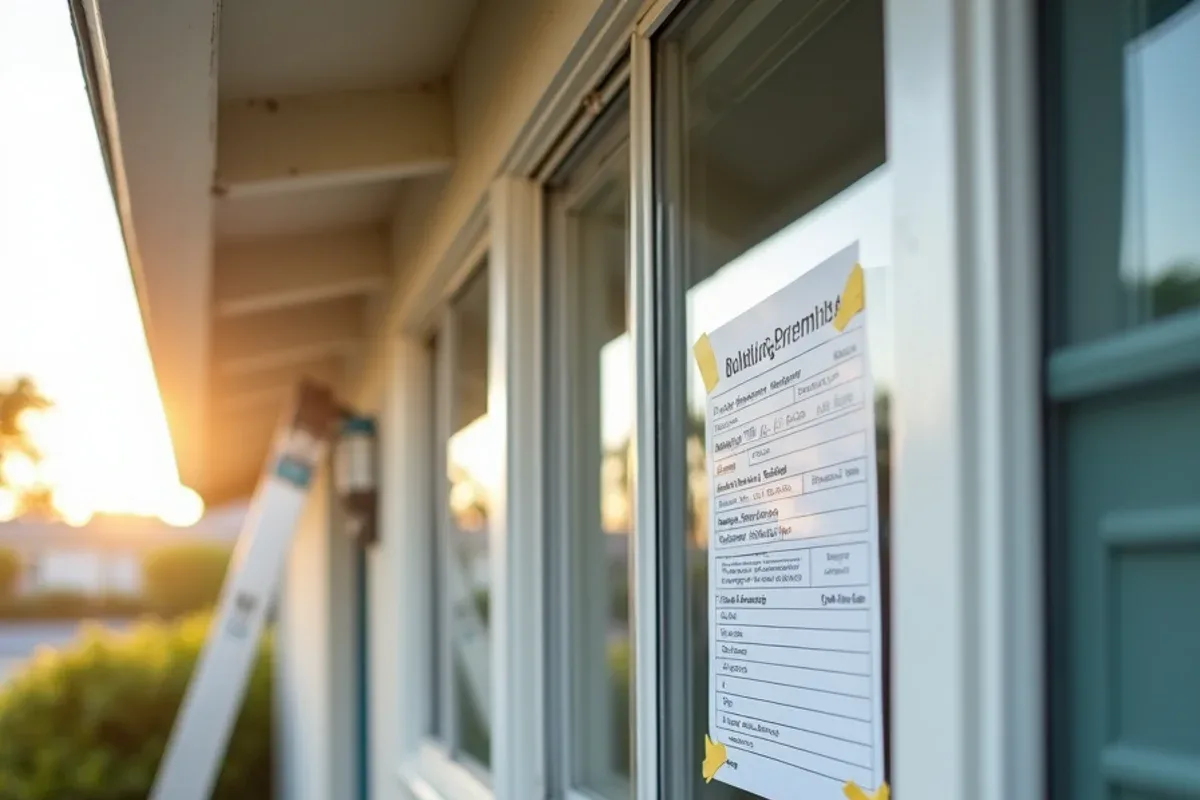 Building permit card posted in a front window while new gutters go up