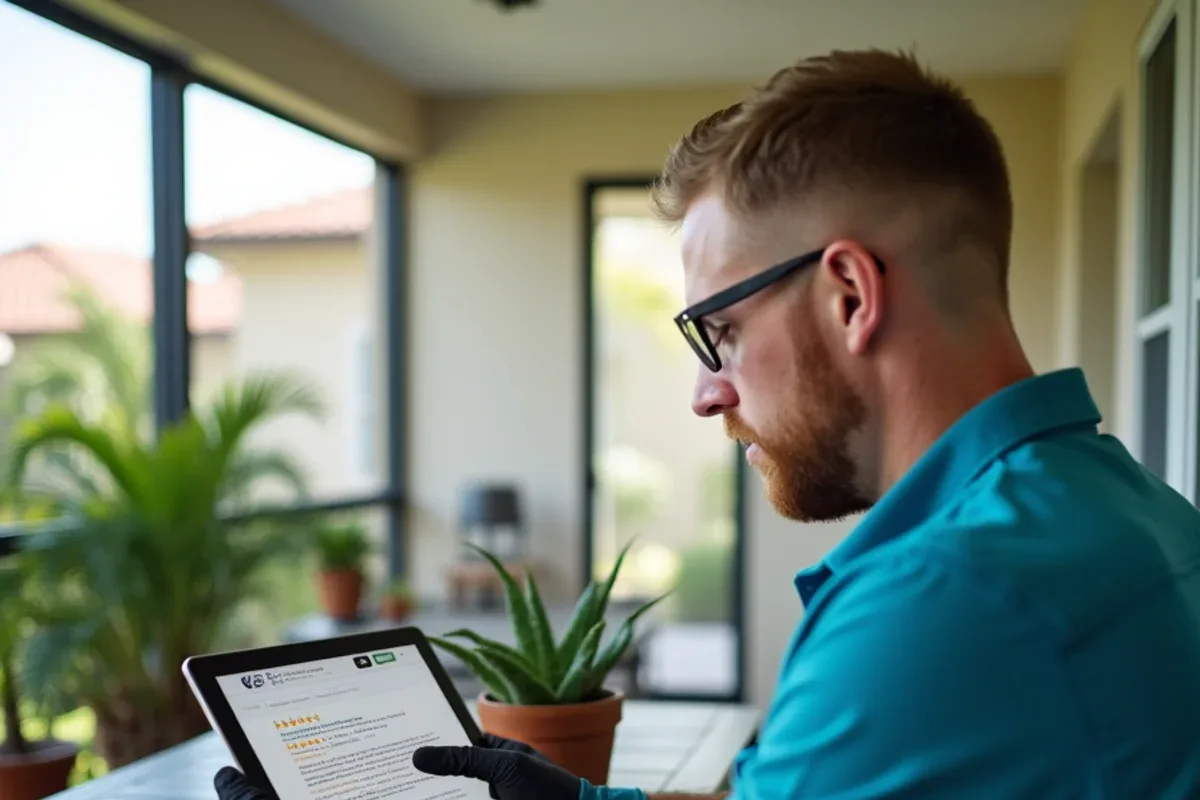 Homeowner reading gutter company reviews on a tablet on a screened lanai