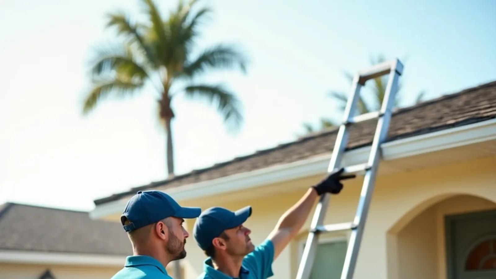 Homeowner and gutter estimator walking a stucco home's roofline with a written quote