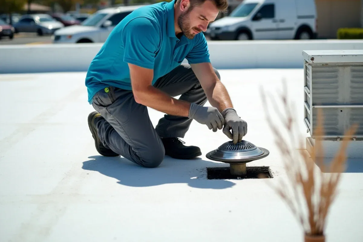 Crew member inspecting a plaza roof drain early in the morning before stores open