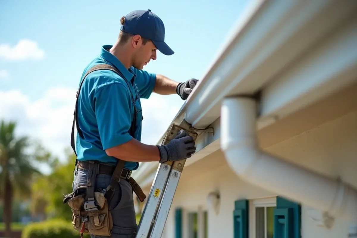 Installer fastening closely spaced hangers on a commercial seamless gutter run