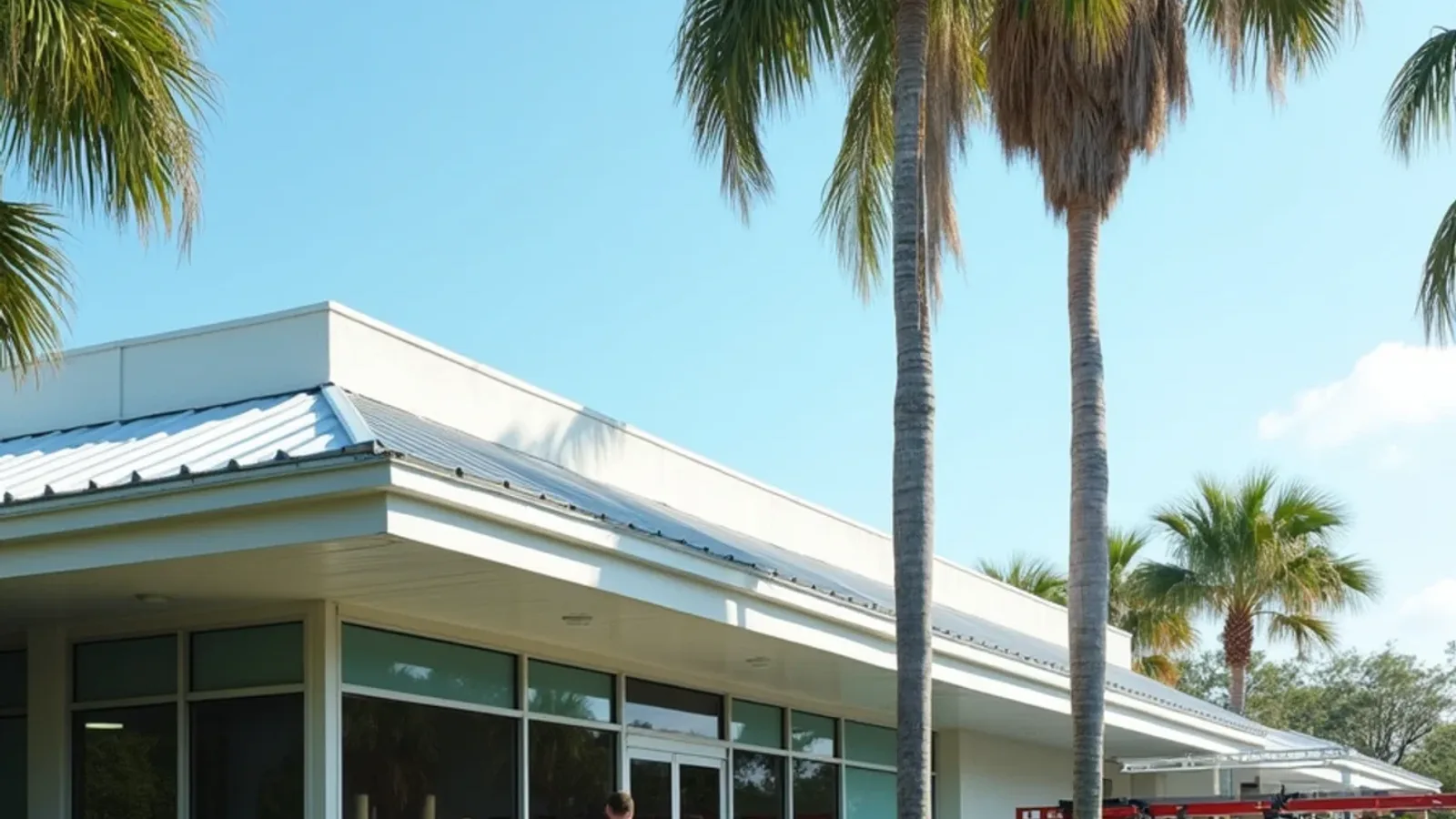 Low-rise commercial building with large seamless gutters and oversized rectangular downspouts