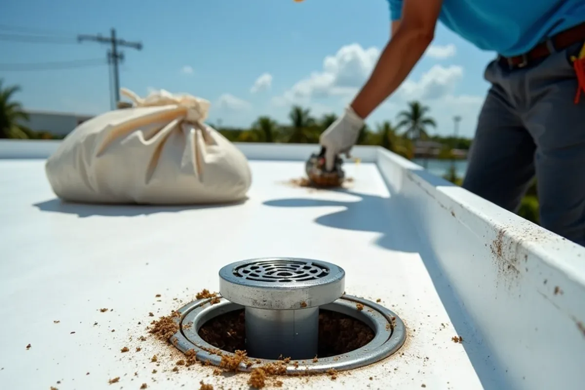 Cleared roof drain strainer on a flat condo roof with debris bagged beside it