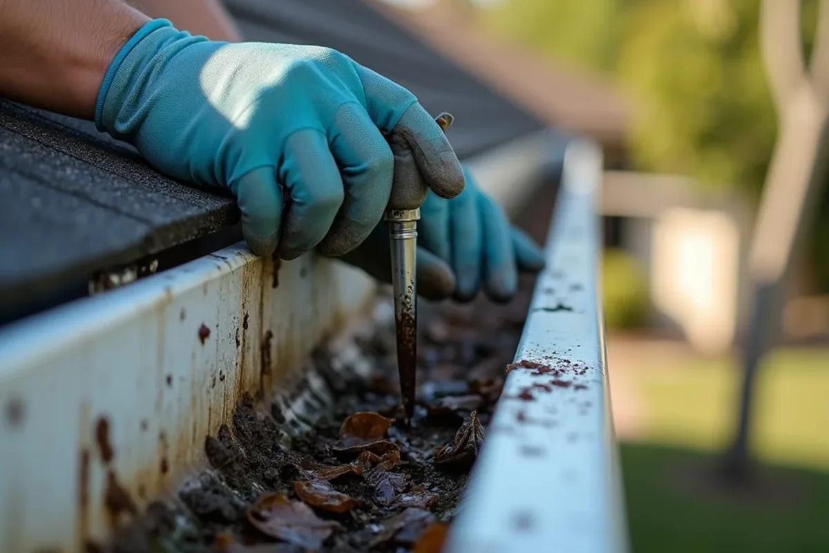 Gloved hands scooping wet leaves and pods from a gutter into a hanging bucket