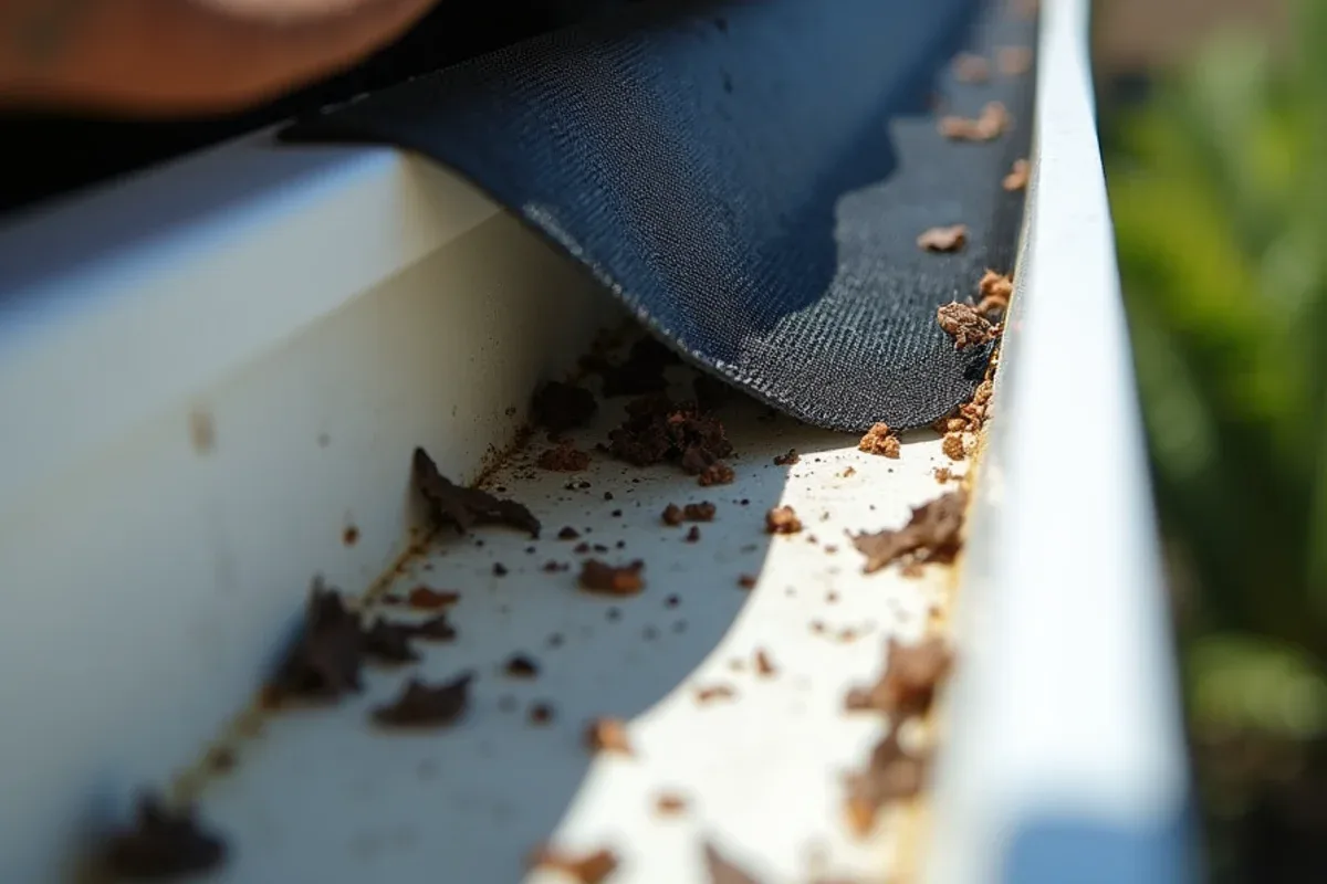 Warped plastic gutter screen sagging into the trough with small leaves trapped underneath