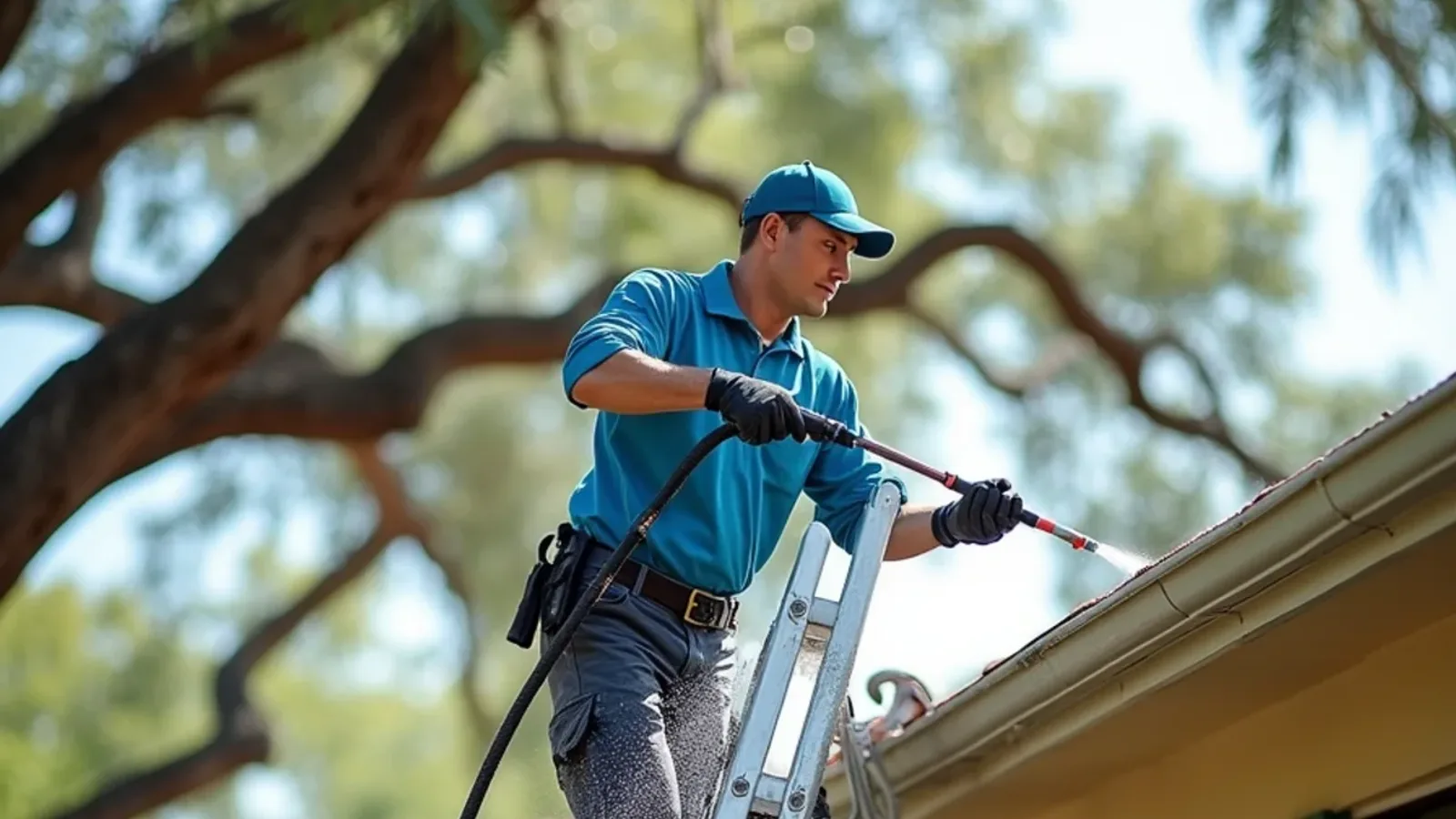 Technician rinsing pollen film off a micro-mesh gutter guard below a live oak canopy