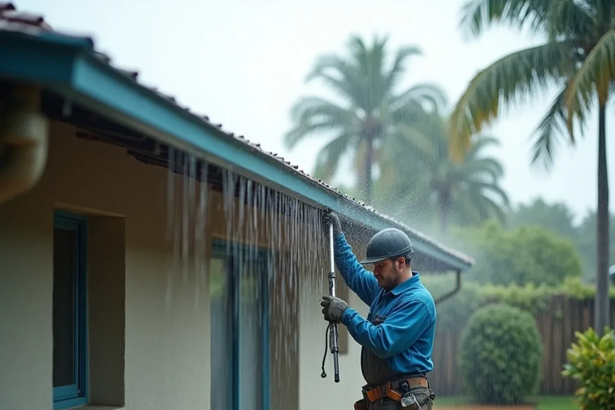 Rain sheeting off the bare roof edge of a mid-century CBS ranch home with no gutters