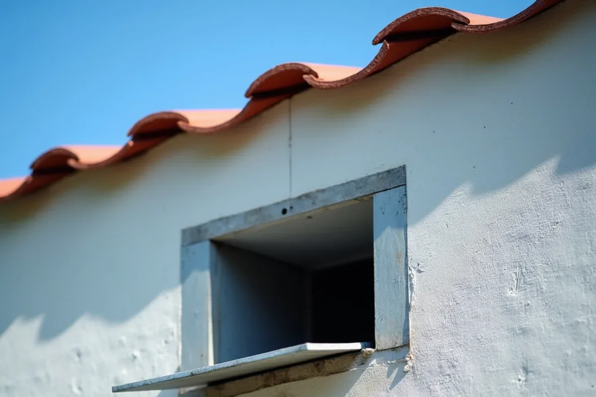 Close view of a parapet scupper feeding a metal leader head and downspout