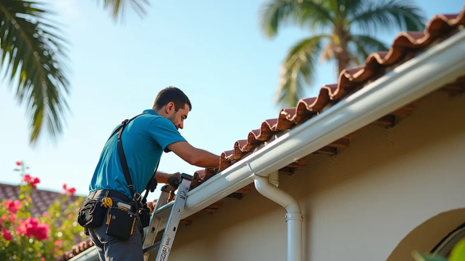 Flat-roofed stucco home with parapet wall and metal scupper draining into a downspout