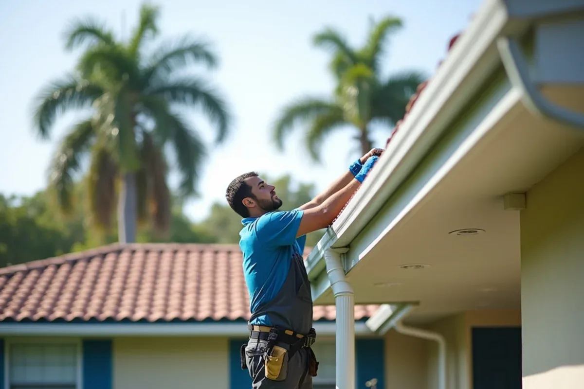 Six-inch seamless gutter and large 3x4 downspout installed on a Broward ranch home