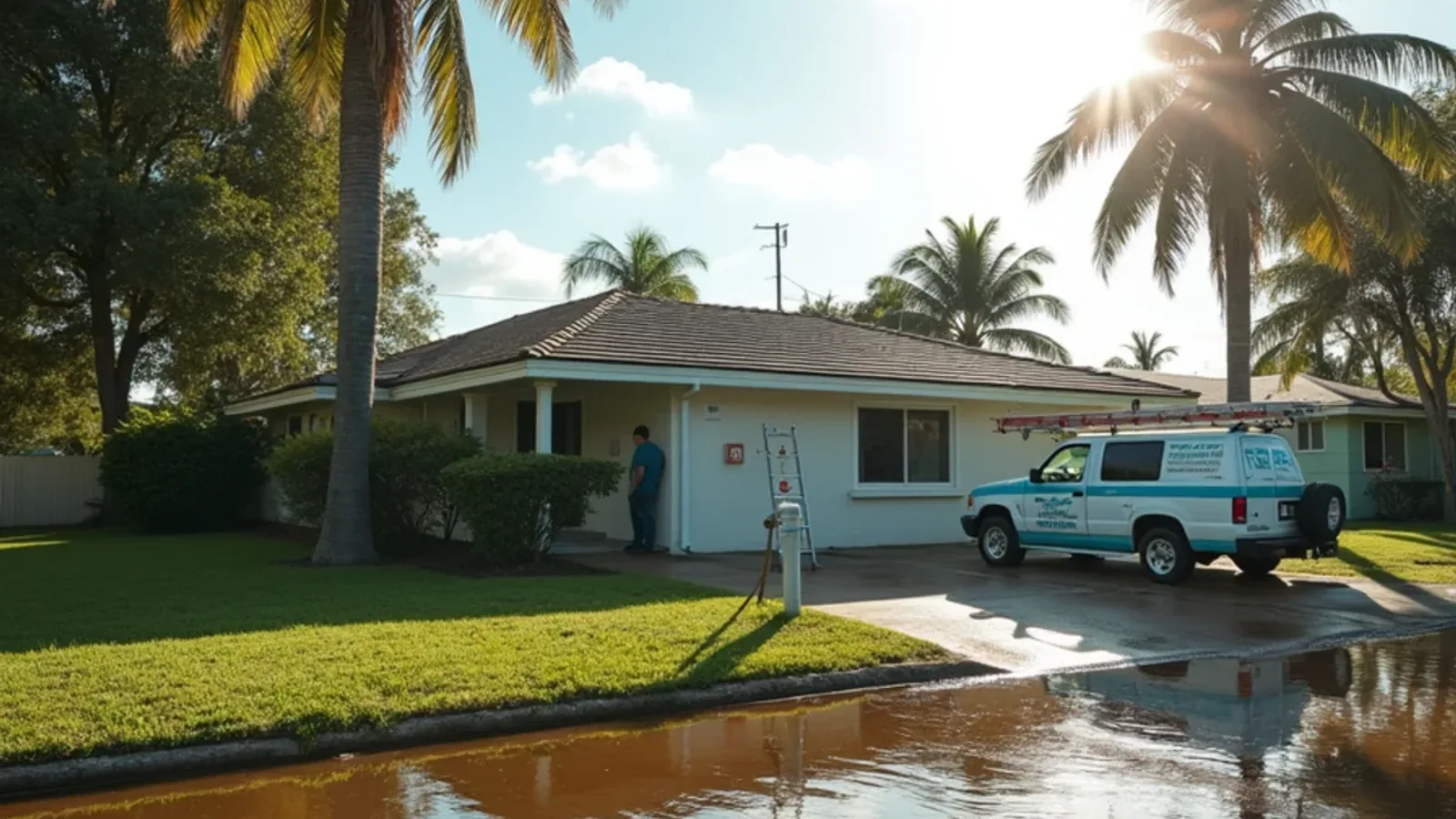 Floodwater receding from the front yard of a Broward ranch home with white gutters after a record rain