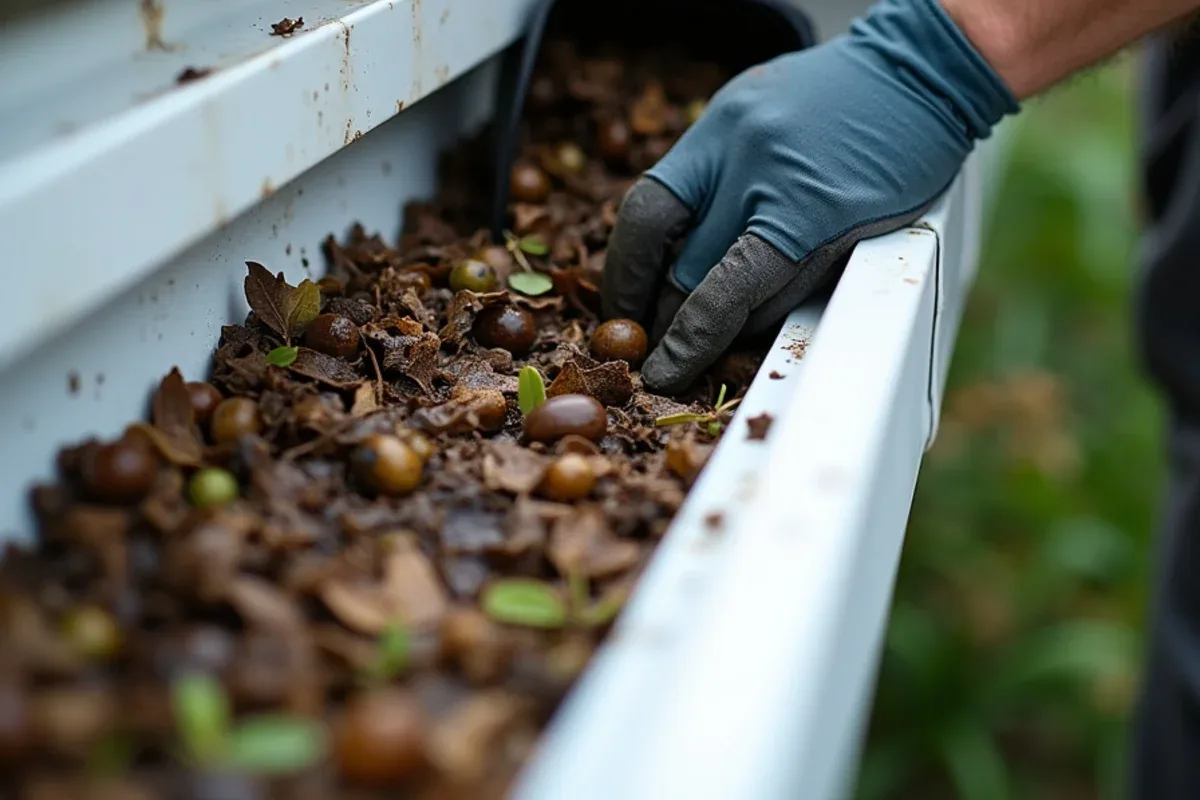 Small black olive leaves and seed pods compacted inside a K-style gutter trough near an outlet