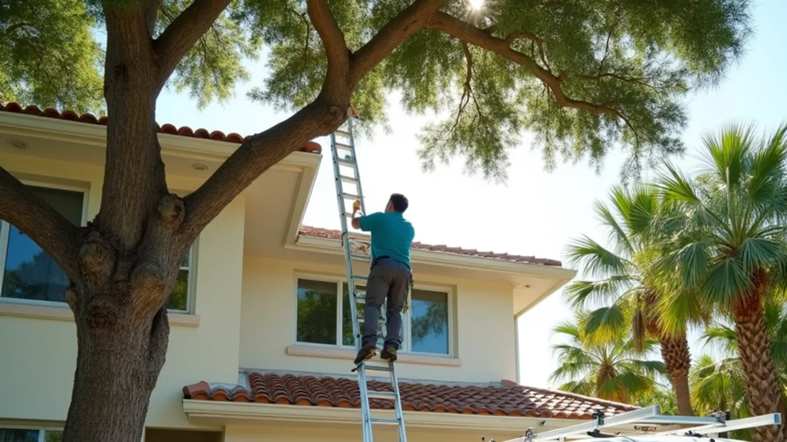 Gutter cleaner clearing a second-story gutter with full debris bags lined up on a South Florida driveway