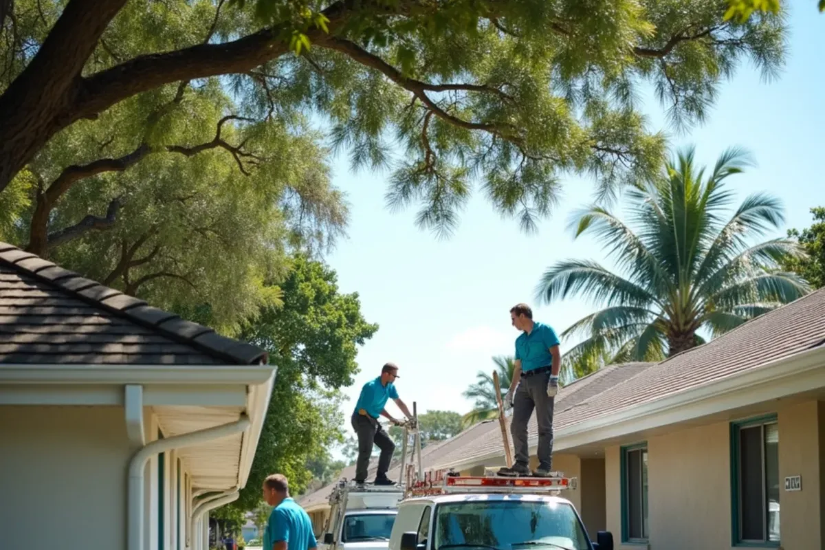 Two neighboring single-story roofs, one with gutter guards and one with open gutters