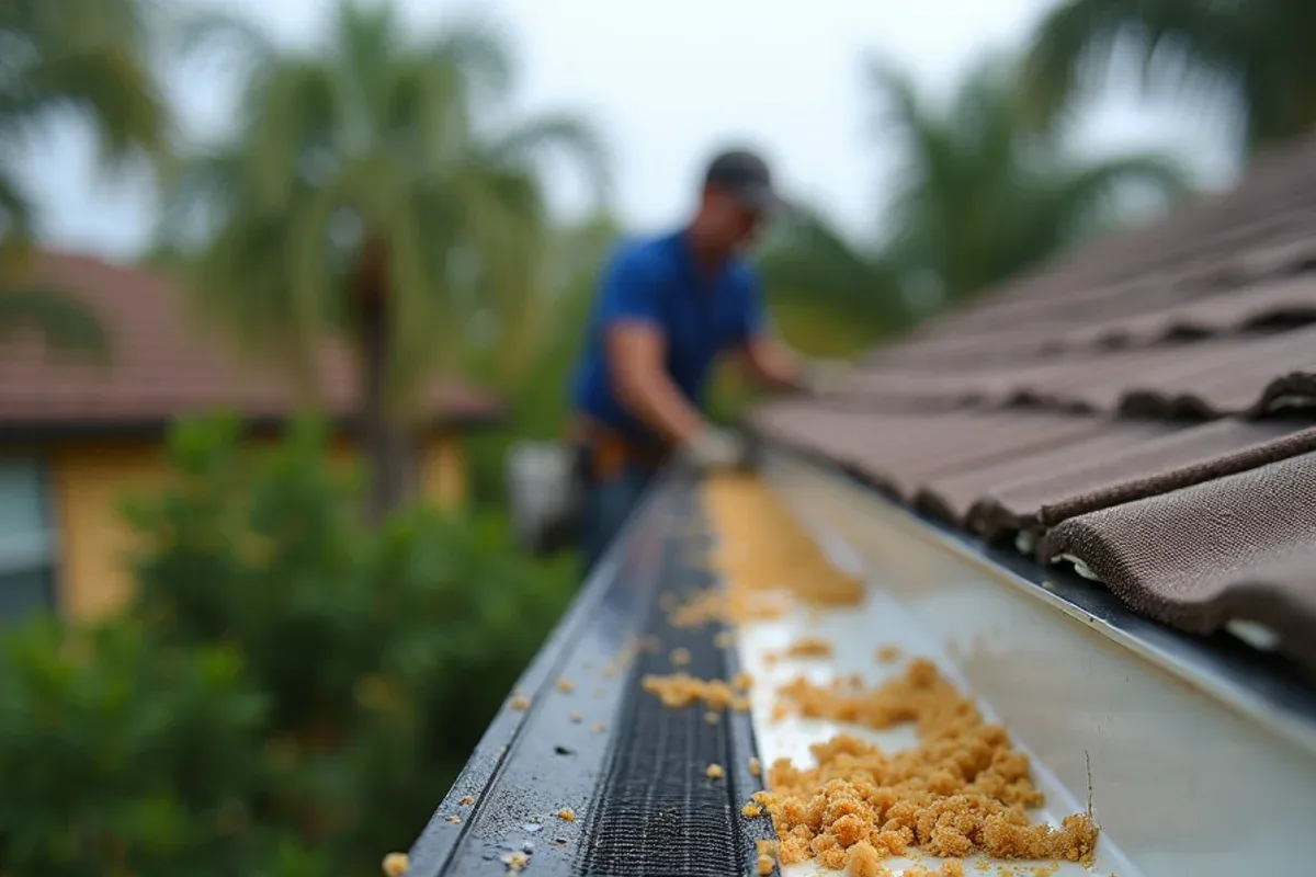 Brown live oak tassels matted across a coarse plastic gutter screen after spring drop