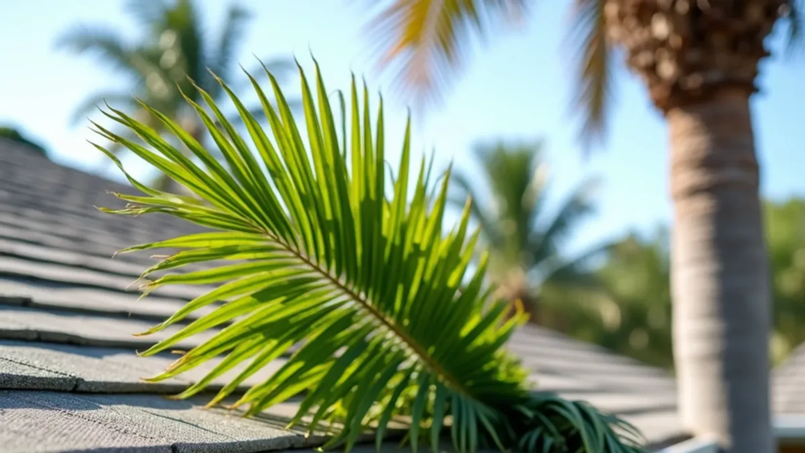 Fallen royal palm frond lying across a guarded white gutter on a single-story home