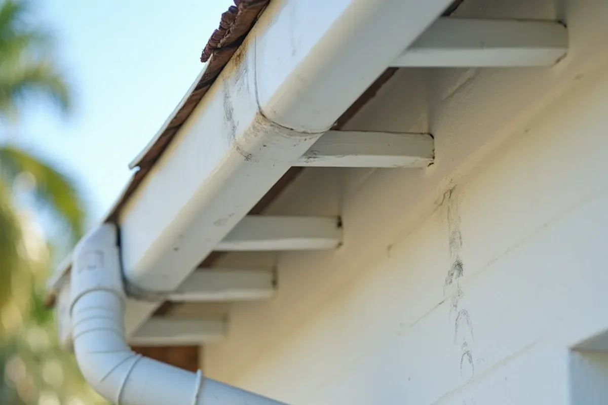 Water rings on a painted soffit and black streaks on the face of a white gutter