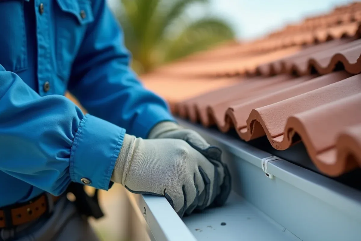Gloved hand testing a hidden gutter hanger for movement from a ladder