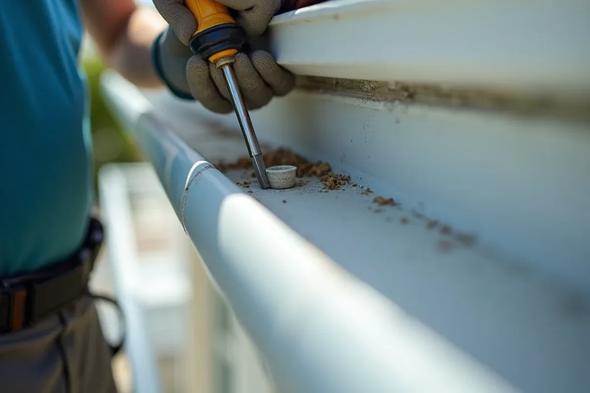 Gloved hand probing painted fascia behind a gutter hanger for soft wood
