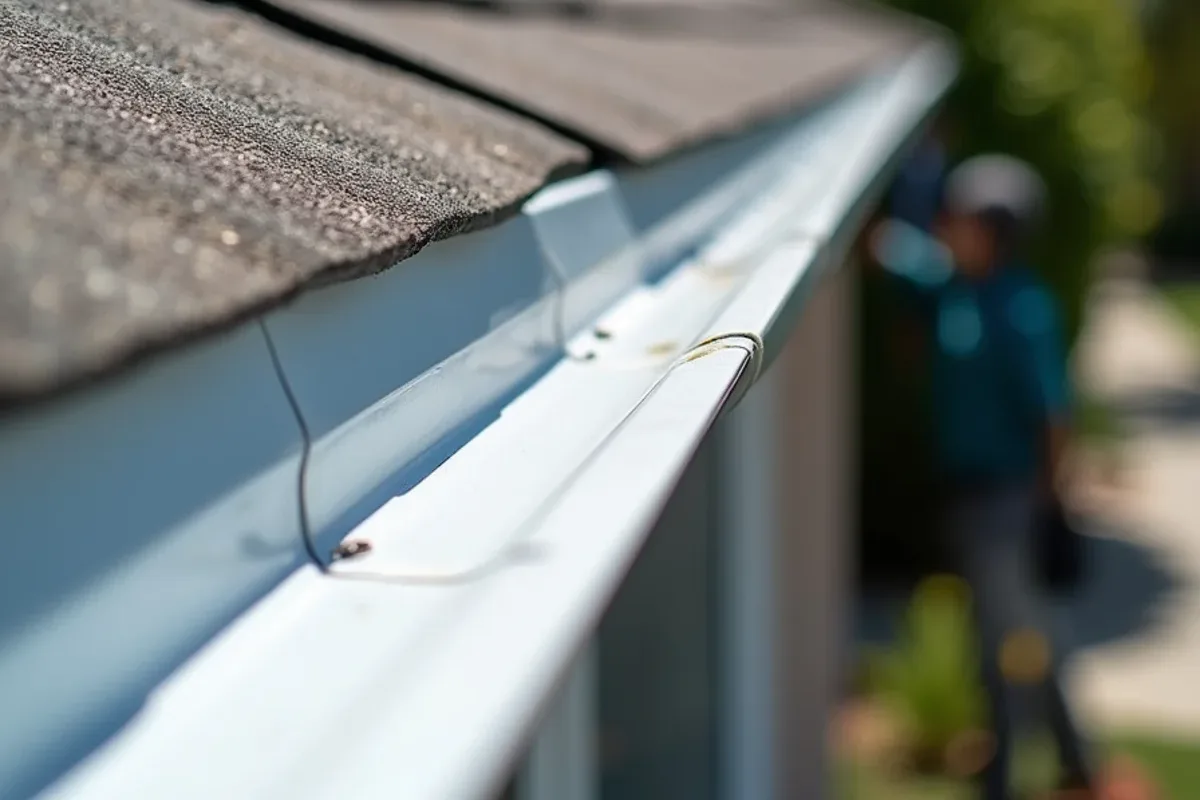 Metal drip edge flashing directing roof runoff into the back of an aluminum gutter