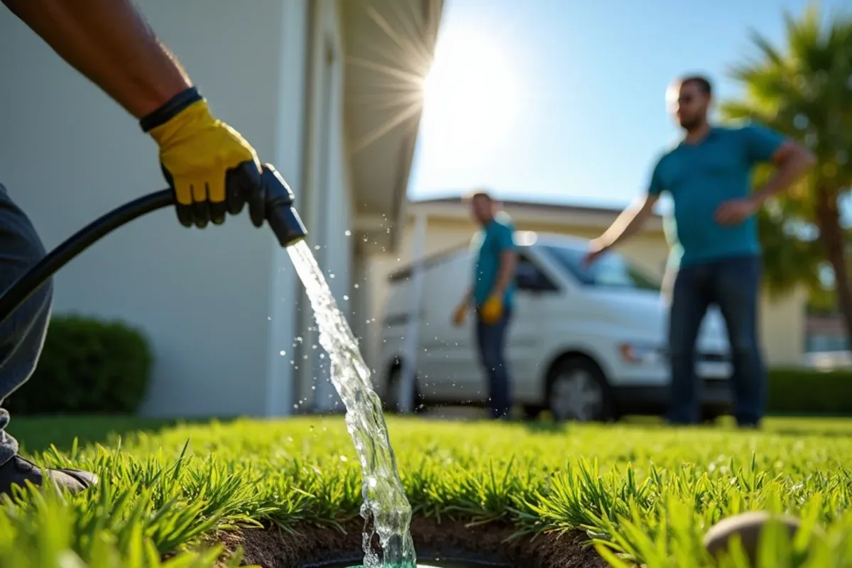 Water bubbling from a pop-up emitter in the lawn fed by an underground downspout drain