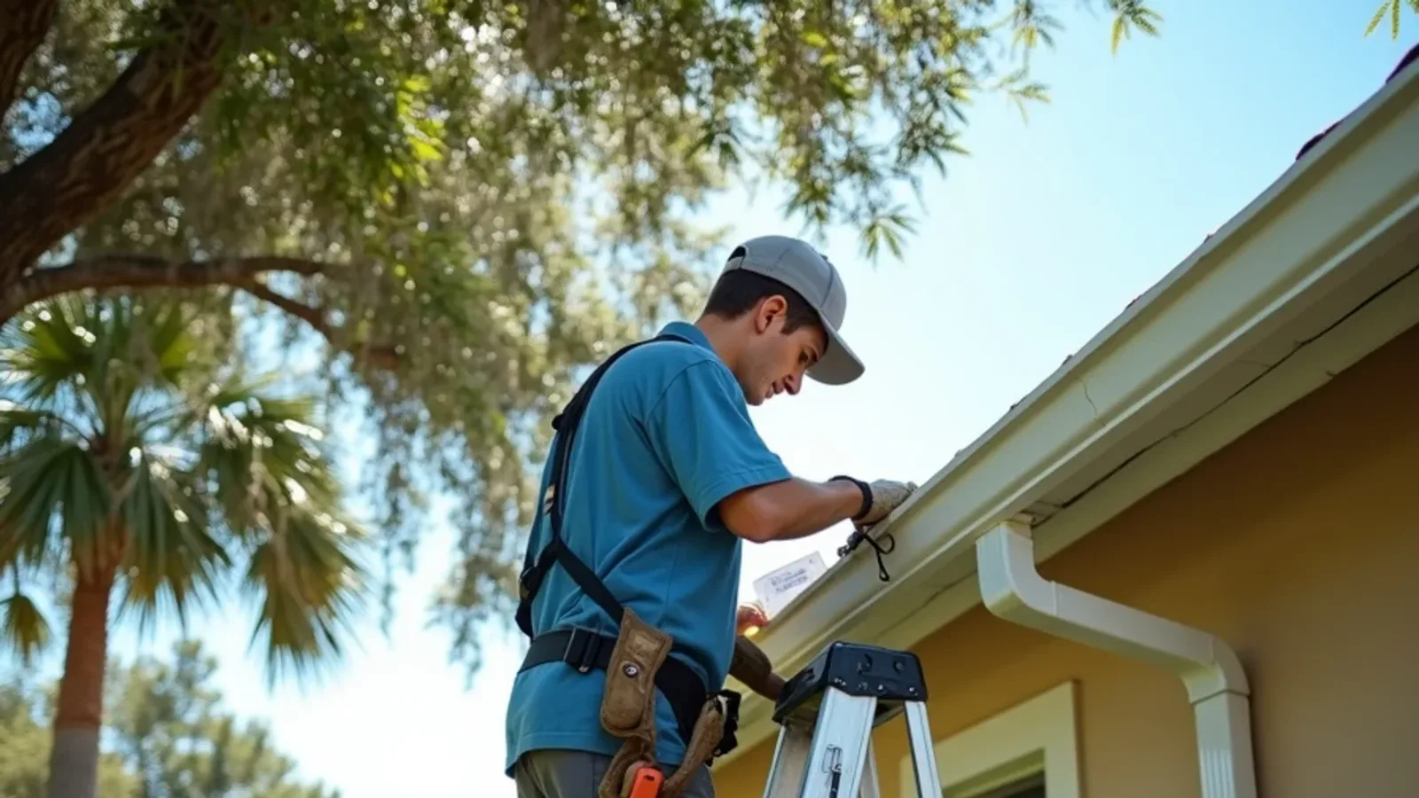Gutter technician on a ladder inspecting a gutter run with a clipboard checklist