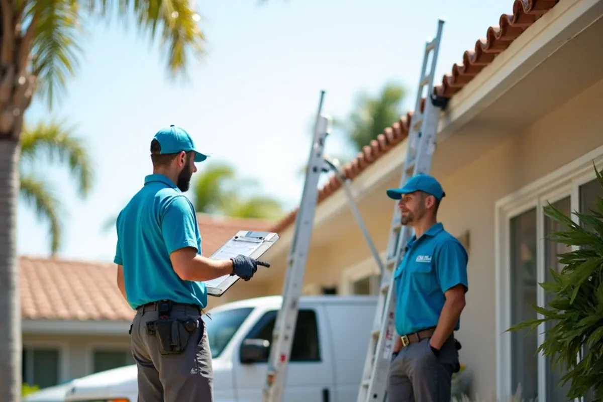 Gutter crew member reviewing a seasonal maintenance checklist with a homeowner in a driveway