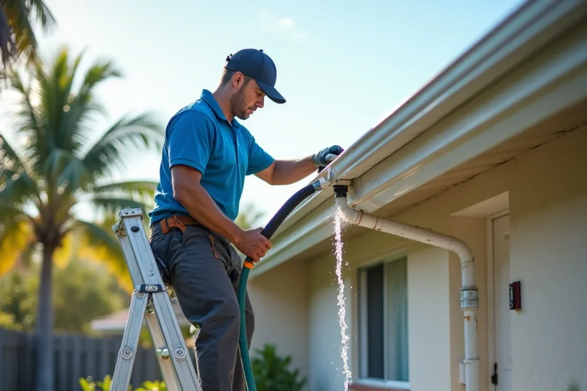 Crew member running a hose into a gutter outlet to flush and test the downspout