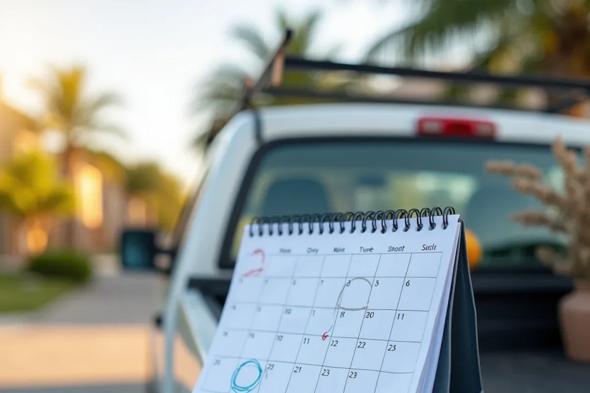 Wall calendar with marked seasonal visits beside a gutter scoop on a work truck tailgate