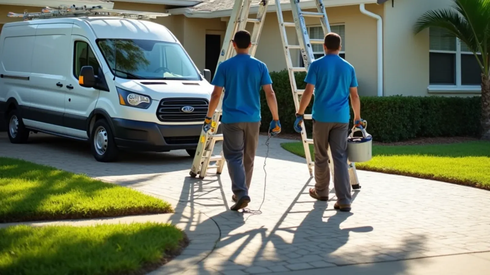 Gutter crew arriving with ladders at a shaded single-story home for a seasonal cleaning visit