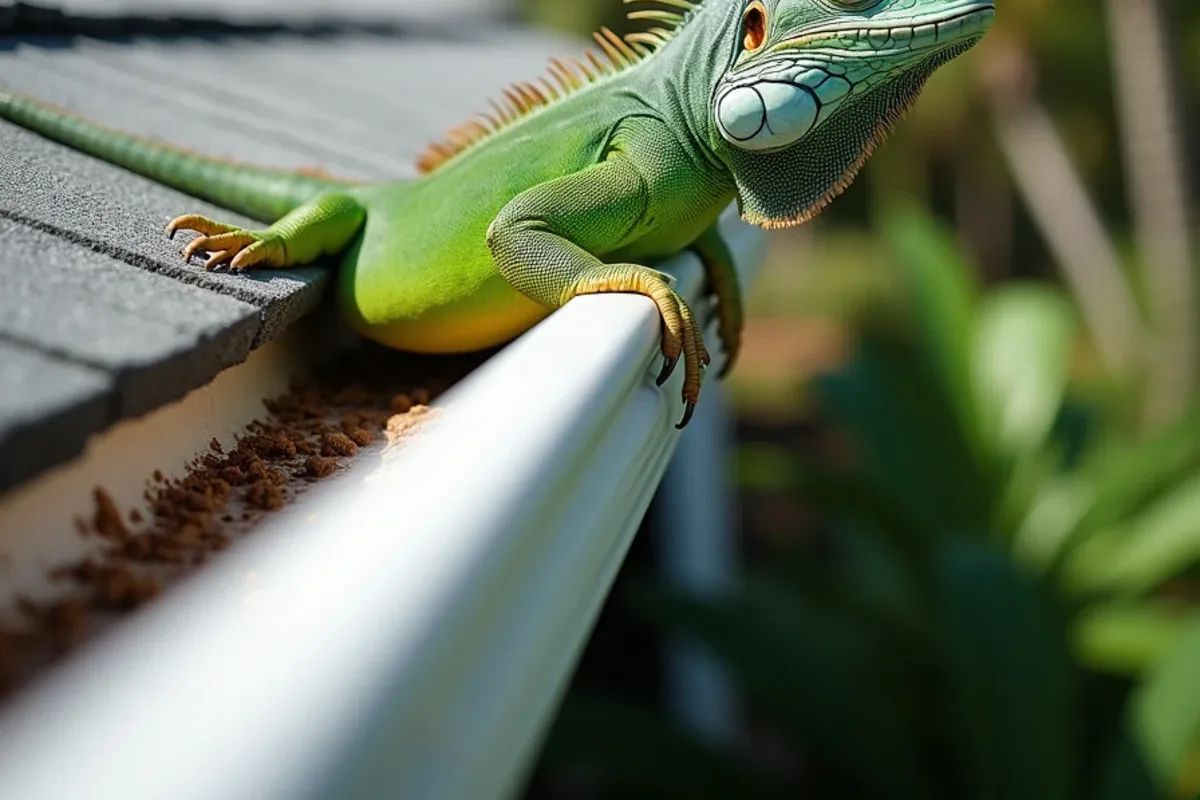 Green iguana stretched out on a white aluminum gutter edge above a pool deck