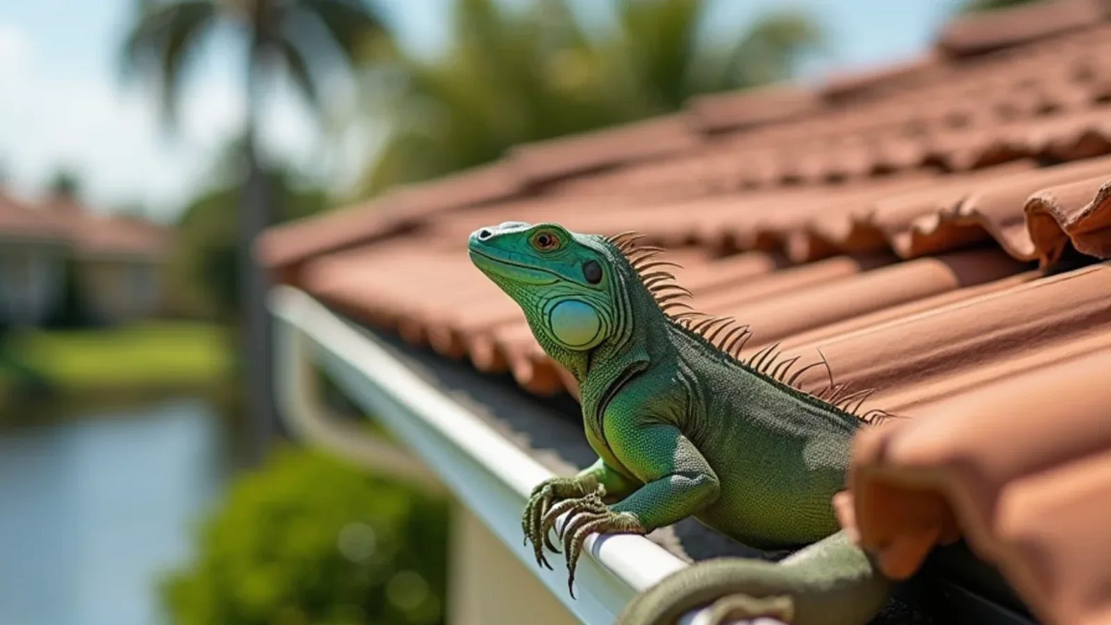 Green iguana resting along the gutter line of a South Florida home on a sunny morning