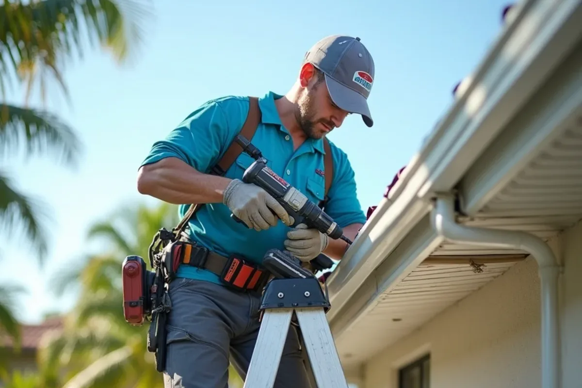 Crew member screwing hidden gutter hangers into freshly painted replacement fascia board