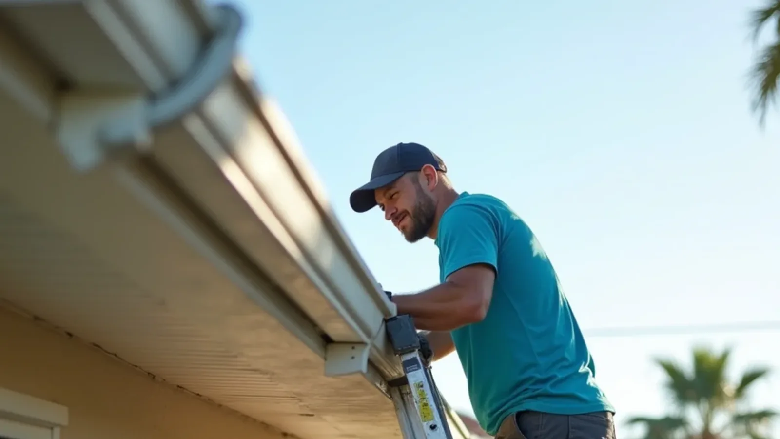 Faded sectional gutter beside a crisp new seamless gutter on the same stucco house
