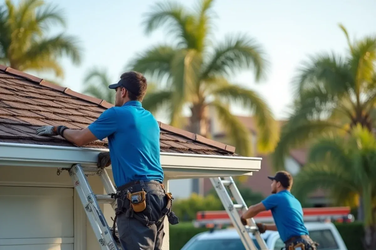 Two installers lowering a long section of old gutter before a roof tear-off begins
