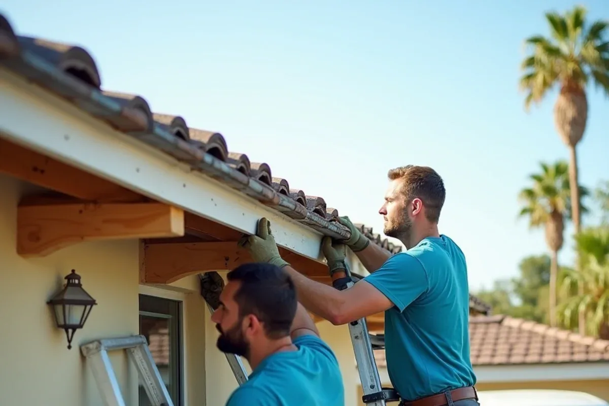 Crew fastening a new fascia board across exposed rafter tails to prepare for gutter installation