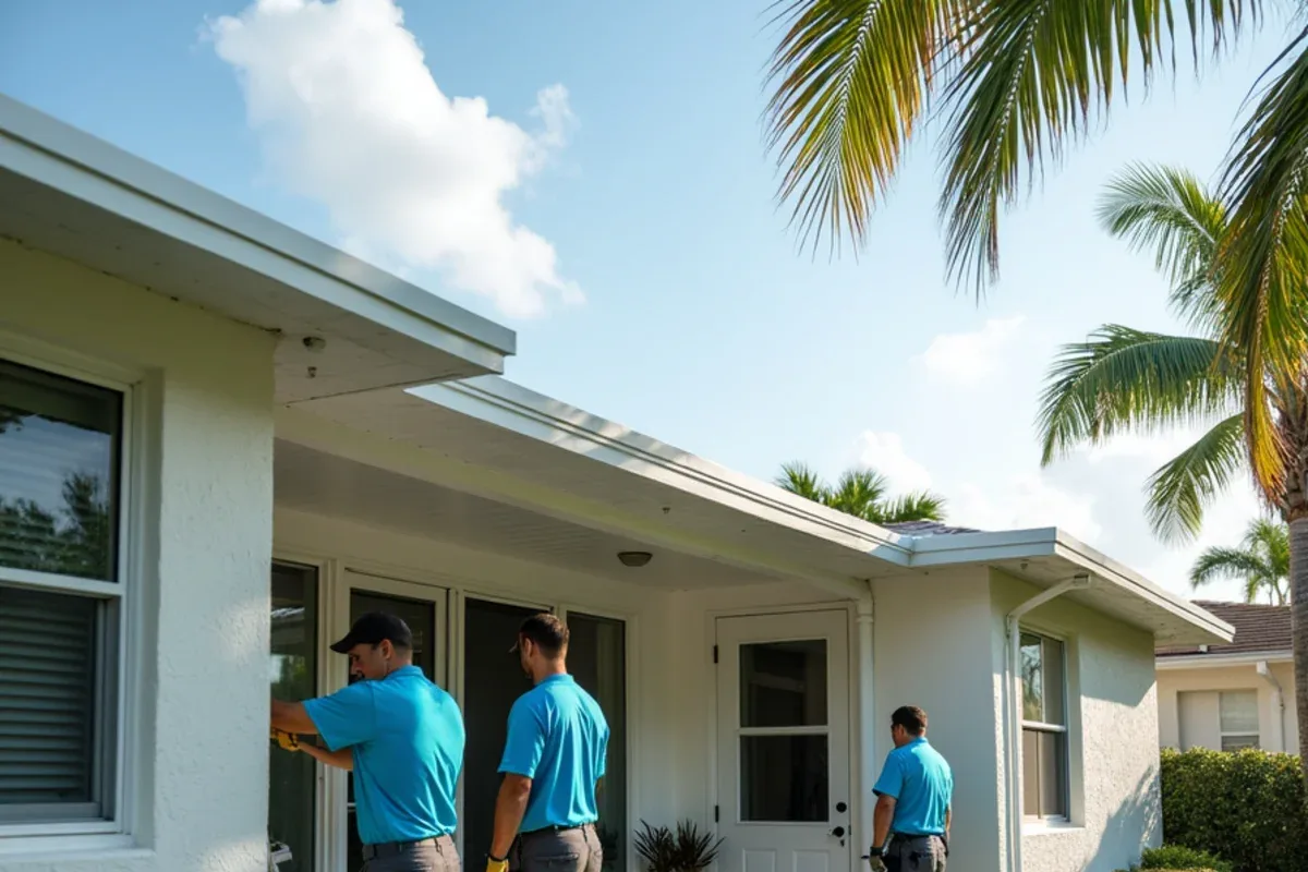 New gutter along the low edge of a flat-roof Florida room addition on a block home