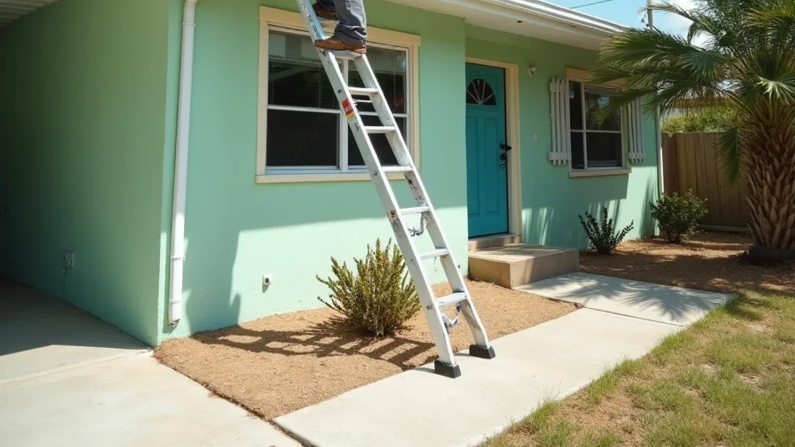 Installer hanging new seamless gutters on a mid-century concrete block ranch house with a carport