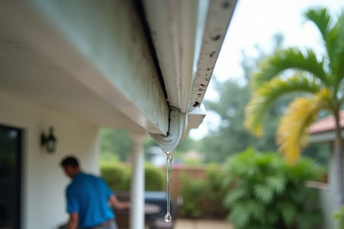 Inside gutter miter above a patio dripping steadily onto stained pavers