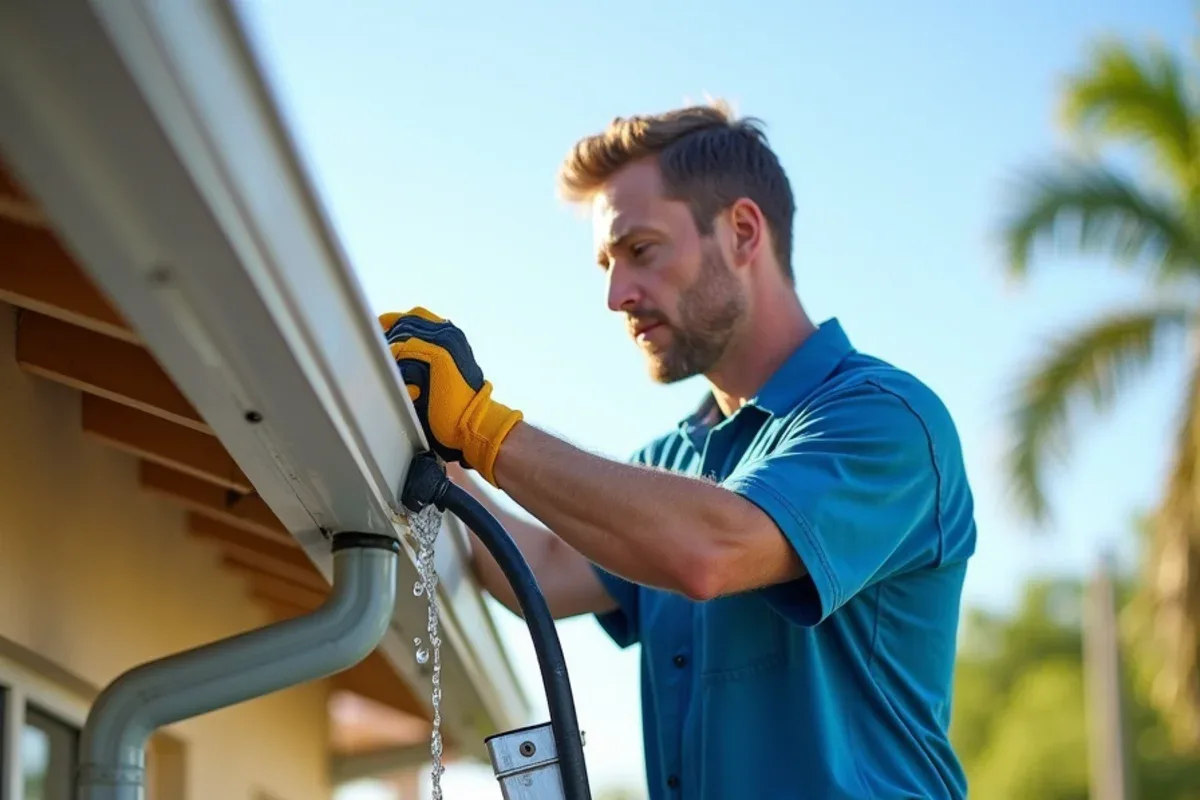 Installer running a hose test to locate a leak at a gutter end cap
