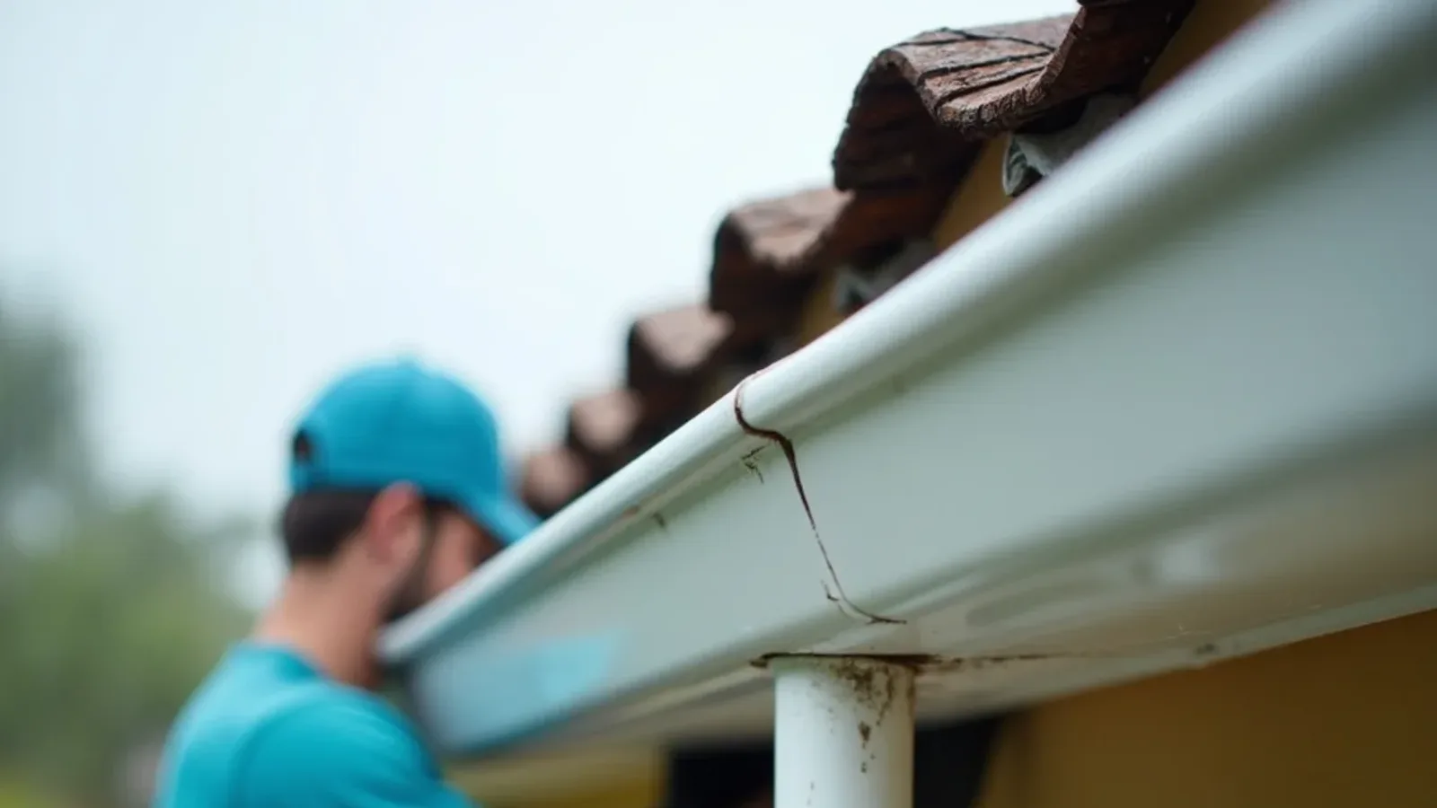 Rainwater dripping from a failed outside gutter corner miter on a stucco home
