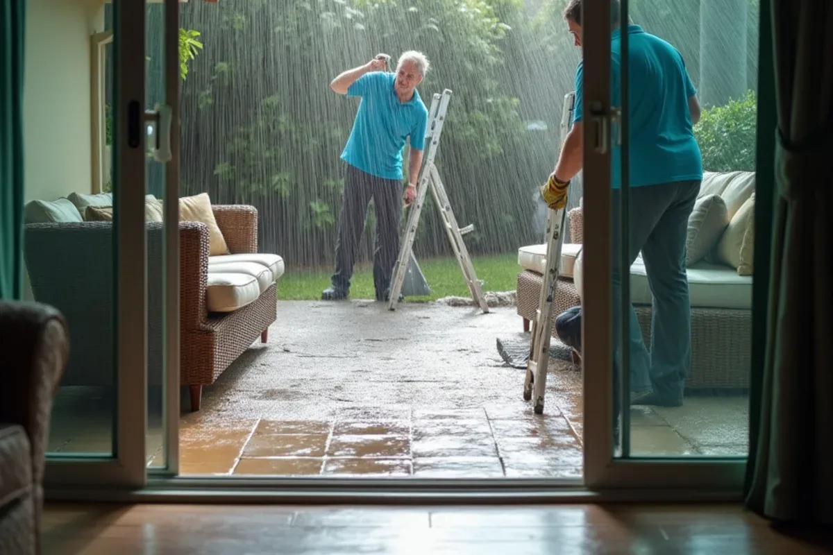 Sheet of rainwater pouring over a gutter beside a sliding glass door during a cloudburst