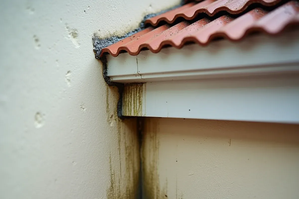 Vertical water stains and mildew on stucco wall below an overflowing gutter inside corner